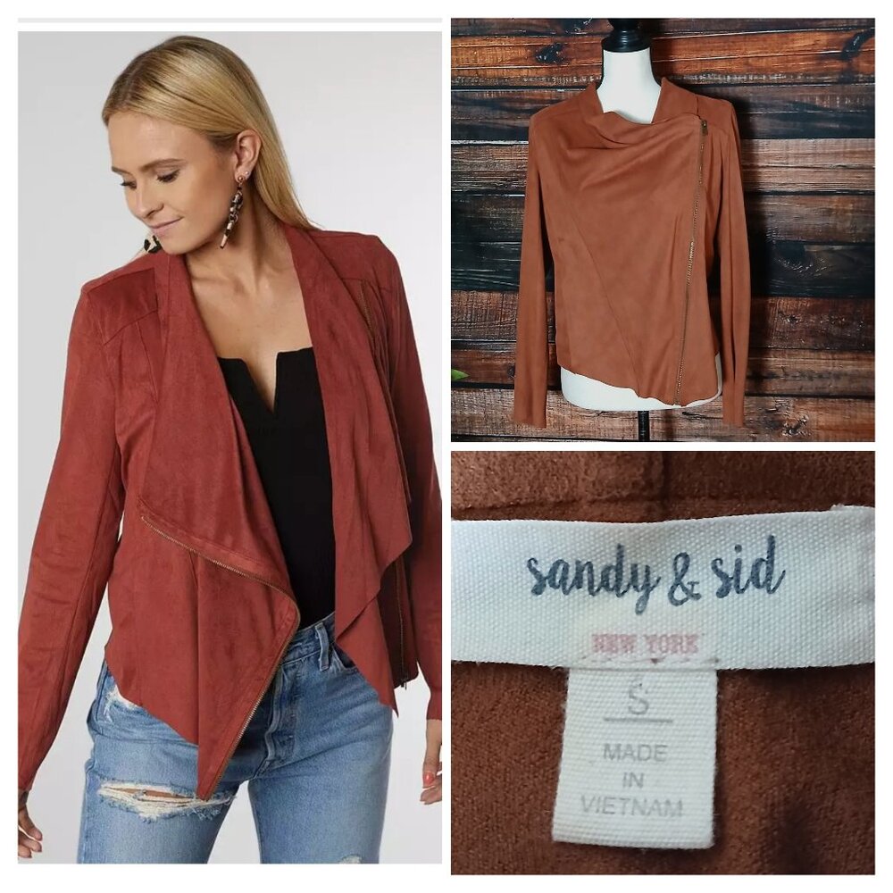 Sandy & Sid Moto Jacket S Faux Suede Asymmetrical Moto Zip Brown